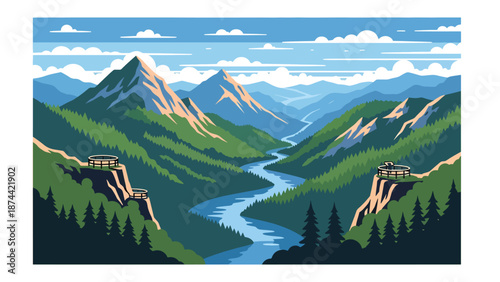 Flat vector illustration of West Virginia rugged landscape with forested mountains, winding rivers, and deep valleys, scenic Appalachian nature in solid flat colors