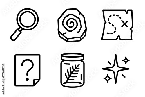 Adventure Icons Set. Adventure Path discovery set in outline vector style: magnifier, ancient stone, map fragment, clue symbol, specimen jar, spark burst