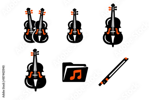 Brutalist Symphony Icons. Chamber orchestra icon set in silhouette bold style. Contain violin pair, viola, cello, double bass, music folder, bow stick