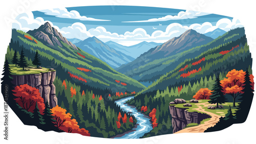 Flat vector illustration of West Virginia rugged landscape with forested mountains, winding rivers, and deep valleys, scenic Appalachian nature in solid flat colors