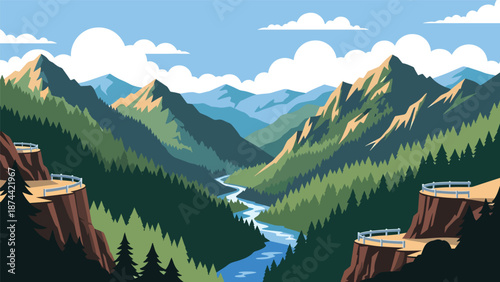 Flat vector illustration of West Virginia rugged landscape with forested mountains, winding rivers, and deep valleys, scenic Appalachian nature in solid flat colors