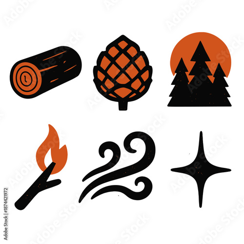 Woodland Heat Icons. Fireside Night Woodland Heat icon set in silhouette bold style. Contain pine log, ember pinecone, warm forest silhouette, glowing branch tip, smoky night breeze, faint spark star
