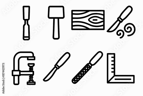 Artisan Tools Icons. Artisan Woodcraft set in outline vector style: chisel, mallet, wood plank, carving knife, wood shavings, clamp, rasp, measuring square