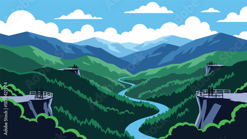 Flat vector illustration of West Virginia rugged landscape with forested mountains, winding rivers, and deep valleys, scenic Appalachian nature in solid flat colors