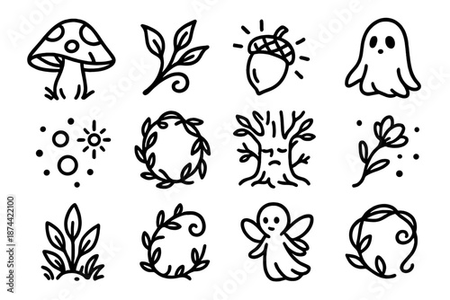 Enchanted Forest Icons. Forest Enchantment set in outline vector style : mystical mushroom, whispering tree sprig, glowing acorn, gentle forest spirit, drifting pollen spark, vine loop charm -