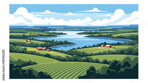 Flat vector illustration of Wisconsin landscape featuring lakes, forests, rolling farmland, and peaceful rural scenery, northern Midwest nature in solid flat colors