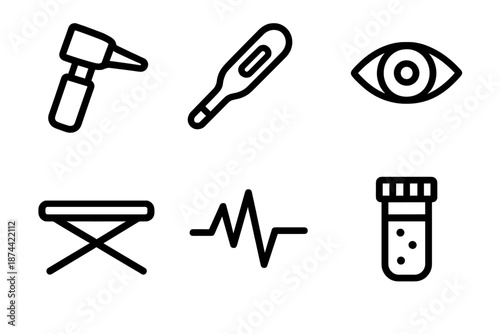 Veterinary Tools Icons. Vet Support examination set in outline vector style: otoscope, thermometer, exam table, observation eye, heartbeat line, sample vial