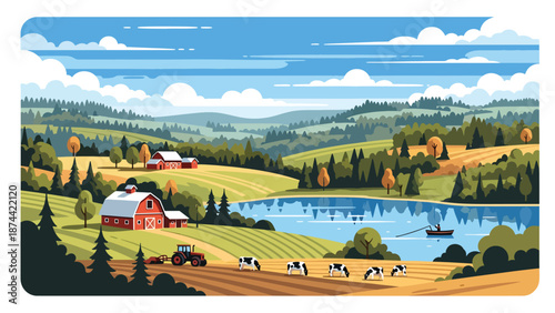 Flat vector illustration of Wisconsin landscape featuring lakes, forests, rolling farmland, and peaceful rural scenery, northern Midwest nature in solid flat colors