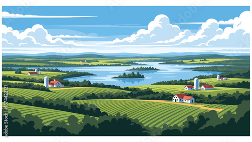 Flat vector illustration of Wisconsin landscape featuring lakes, forests, rolling farmland, and peaceful rural scenery, northern Midwest nature in solid flat colors