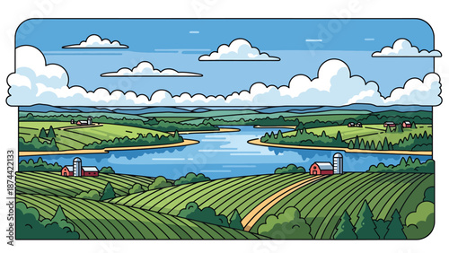 Flat vector illustration of Wisconsin landscape featuring lakes, forests, rolling farmland, and peaceful rural scenery, northern Midwest nature in solid flat colors