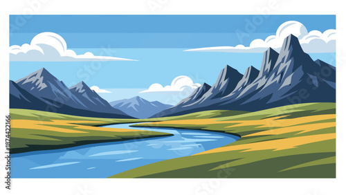 Flat vector illustration of Wyoming wilderness with open plains, dramatic mountain ranges, rivers, and vast skies, untouched western scenery in solid flat vector style