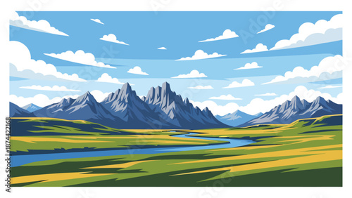 Flat vector illustration of Wyoming wilderness with open plains, dramatic mountain ranges, rivers, and vast skies, untouched western scenery in solid flat vector style