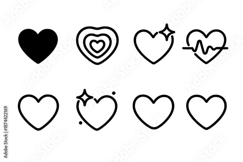 Affectionate Heart Icons. True Affection set in outline vector style : heart core bead, soft ripple puff, gentle glow dot, warm pulse line, affectionate contour