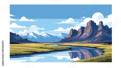 Flat vector illustration of Wyoming wilderness with open plains, dramatic mountain ranges, rivers, and vast skies, untouched western scenery in solid flat vector style