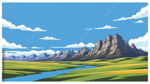 Flat vector illustration of Wyoming wilderness with open plains, dramatic mountain ranges, rivers, and vast skies, untouched western scenery in solid flat vector style