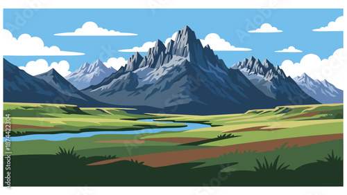 Flat vector illustration of Wyoming wilderness with open plains, dramatic mountain ranges, rivers, and vast skies, untouched western scenery in solid flat vector style