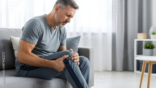 Knee injury and chronic joint pain symptoms. Healthcare and physical therapy needs. Mature man sitting on a sofa holding his painful knee with an expression of discomfort