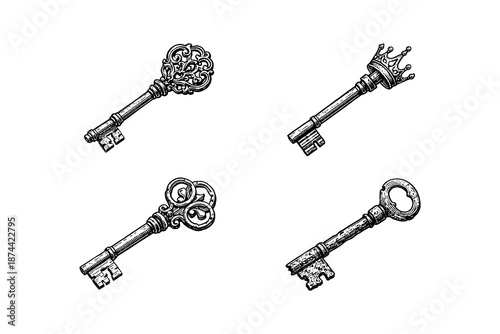 Antique keys vintage engraving set