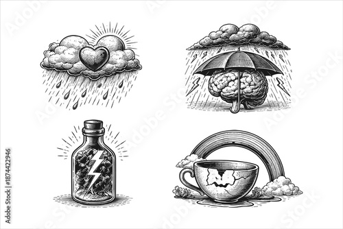 Vintage engraving mental health illustration set: healing emotions, brain under umbrella, bottled energy, cup of hope rainbow