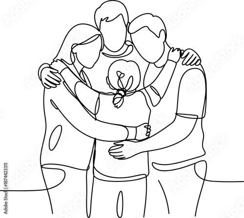 Title: A family of four with parents hugging their two children in a group embrace