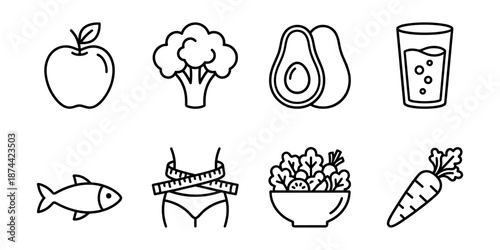 Healthy diet line icons set, apple broccoli avocado water