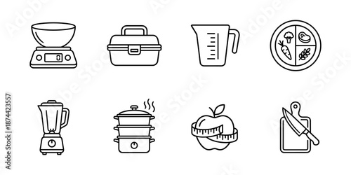 Kitchen cooking line icons set, food preparation and utensils