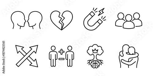 Relationships line icons set, connection boundaries conflict and support