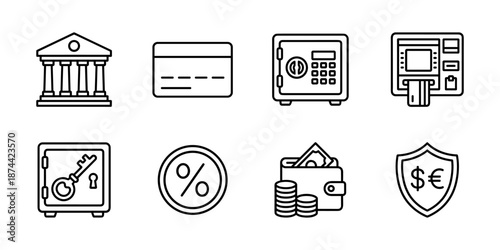 Banking finance line icons set, payments security savings and cash