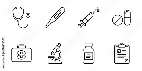 Medical line icons set, healthcare clinic tools and treatment