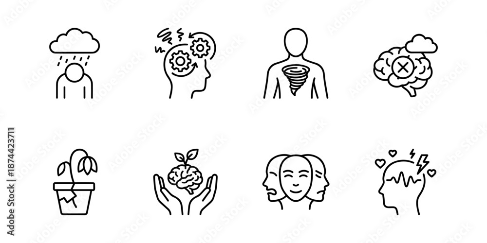 Naklejka premium Mental health and wellbeing line icons set, depression anxiety burnout recovery emotions