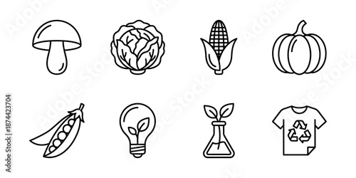 Agriculture and eco innovation line icons set, vegetables crops biotech recycling