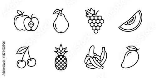 Fruits line icons set, apple pear grape melon cherry pineapple banana mango