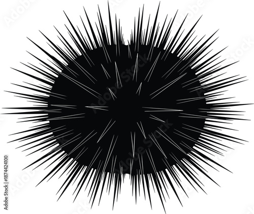 Radial abstract lines, black and white burst, circular pattern, symmetrical design, spiky shape, visual impact, graphic art, modern illustration, data concept