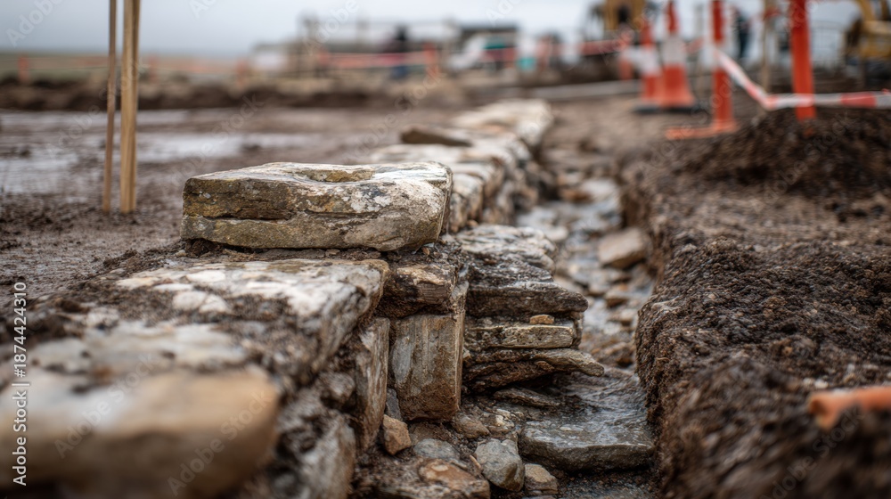 Naklejka premium Workers uncover old stone structures during excavation, highlighting historical infrastructure in a construction area on a cloudy day.