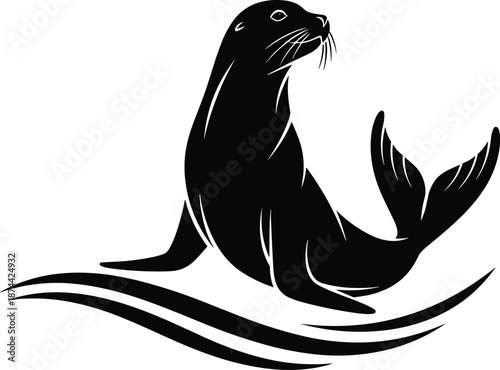 Sea lion silhouette, marine animal, black and white illustration, ocean wildlife, aquatic design, wave element, nature icon, biology reference, coastal artwork