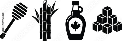 Natural Sweetener Silhouette Vector Set – Organic Honey, Sugarcane, and Syrup Illustration