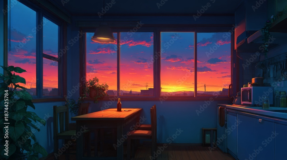 Fototapeta premium A peaceful kitchen interior view during sunset or sunrise, displaying vibrant colors in the sky