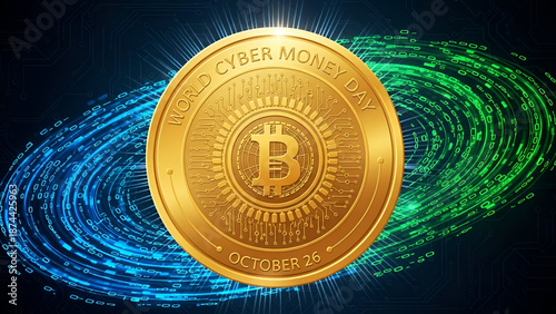 Golden Bitcoin coin with cyber money concept