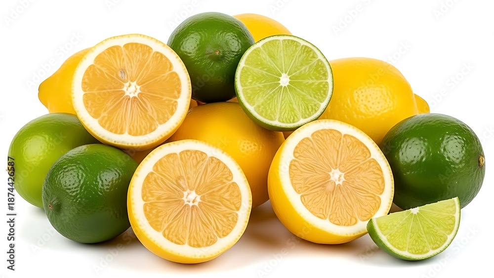 Fototapeta premium A vibrant pile of fresh whole and sliced lemons and limes showcasing their bright yellow and green colors on a clean white background