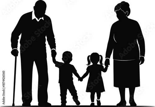 Silhouette of grandparents walking with grandchildren