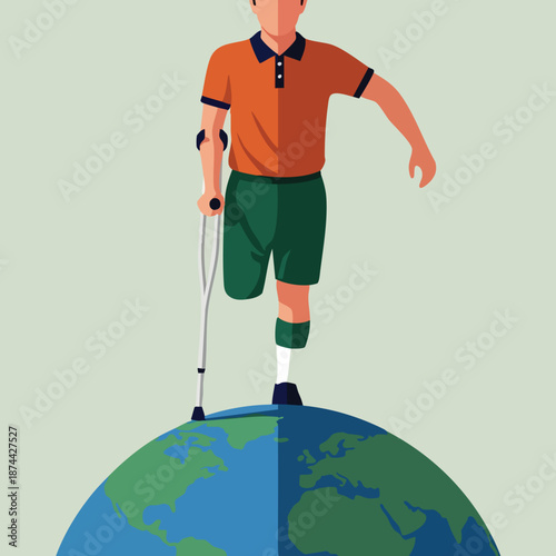 Empowered man with prosthetic leg standing confidently on a global map illustration representing strength and overcoming adversity globally for