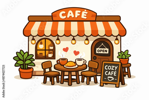 Cute cozy cafe exterior illustration with coffee cups
