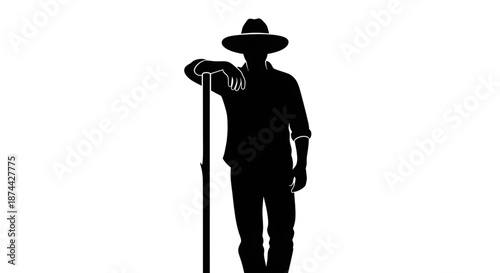 Silhouette of Farmer Standing and Leaning on Farming Tool Professional Agriculture and Rural Lifestyle Concept