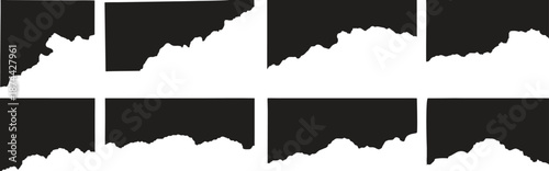 Black torn paper edge collection isolated on white. Rough ripped borders create dramatic grunge contrast textures. Ideal for posters, collages, branding, overlays, and modern graphic design.