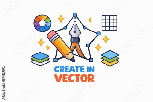 Create in vector concept with pen nib and anchor points illustration