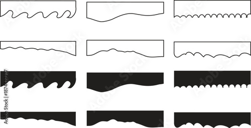 Torn paper edge shapes set in black and white. Wavy ripped borders form realistic craft textures for layouts. Perfect for scrapbooking, posters, frames, and graphic overlays.