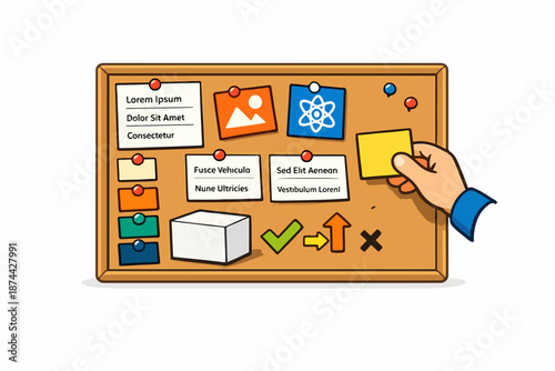 Project planning cork board with notes and pins vector illustration
