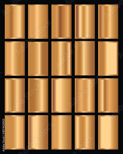 Set of twenty-five distinct shimmering bronze metallic gradient color palette swatches 