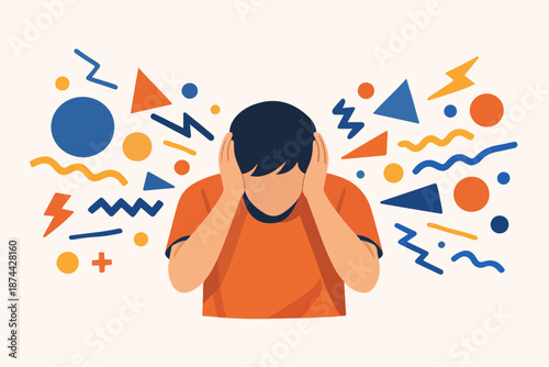 Stressed man covering ears, noise overload and distraction