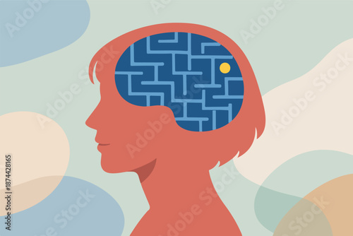 Human head profile with maze brain, thinking and problem solving